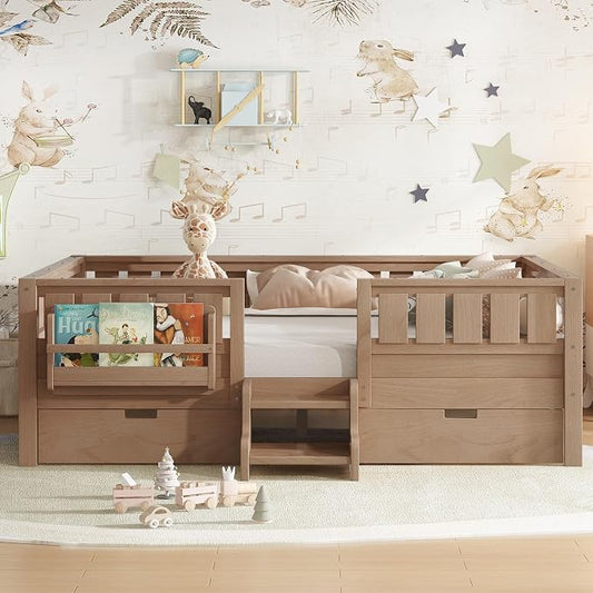 Bellemave Full Floor Bed with Stairs, Rails and Slats, Full Size Montessori Floor Bed with Bookshelf and 2 Storage Drawers, Easy Assemble Montessori Beds Frame for Girls, Boys, Natural