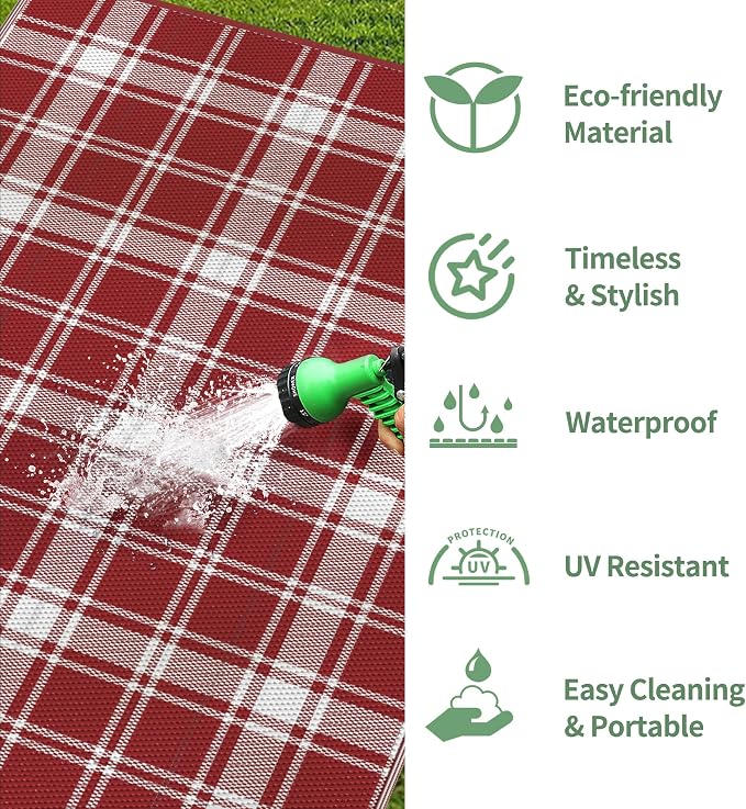 GENIMO Waterproof Outdoor Rug for Patio Clearance, 6'x9' Reversible Plastic Straw Rugs, Lightweight RV Camping Mat for Camper, Balcony, Deck, Backyard, Picnic, Red White Plaid