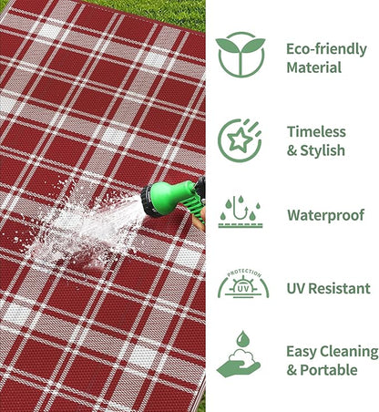 GENIMO Waterproof Outdoor Rug for Patio Clearance, 4'x6' Reversible Plastic Straw Rugs, Lightweight RV Camping Mat for Camper, Balcony, Deck, Backyard, Picnic, Red White Plaid