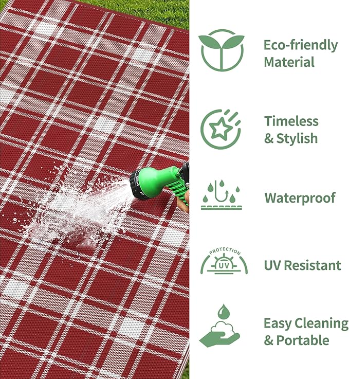 GENIMO Waterproof Outdoor Rug for Patio Clearance, 9'x12' Reversible Plastic Straw Rugs, Lightweight RV Camping Mat for Camper, Balcony, Deck, Backyard, Picnic, Red White Plaid