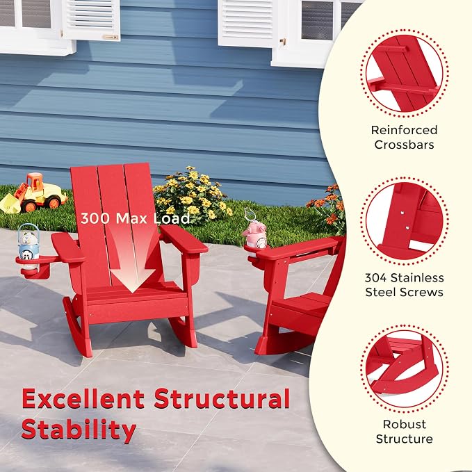 Costaelm Palms 3-Piece Kids Table and Chairs Set with Modern Toddler Rocking Chairs and Cup Holders, Red