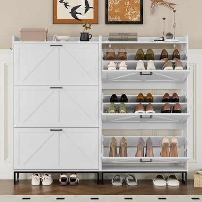 BORNOON Shoe Cabinet with 3 Flip Drawers Narrow Shoe Storage Cabinet Organizer Wooden Freestanding Shoe Rack Hidden Slim Shoes Storage Cabinet for Entryway, Hallway, Living Room, Bedroom