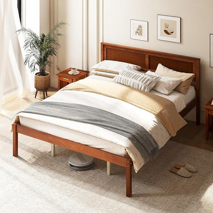 Giantex Full Size Wood Platform Bed with Headboard, Mid Century Solid Wood Full Bed with Slat Support, Double Bed Frame with 16" Under Bed Storage, No Box Spring Needed, Easy Assembly, Walnut