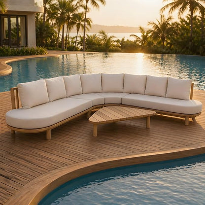 Merax 5 Piece Patio Outdoor Furniture Set, All Weather 118" Half Moon Sectional Sofa with Acacia Wood Frame & Waterproof Cushions,1 Coffee Table for Garden,Lawn,Backyard,Poolside,Beige+Light Teak