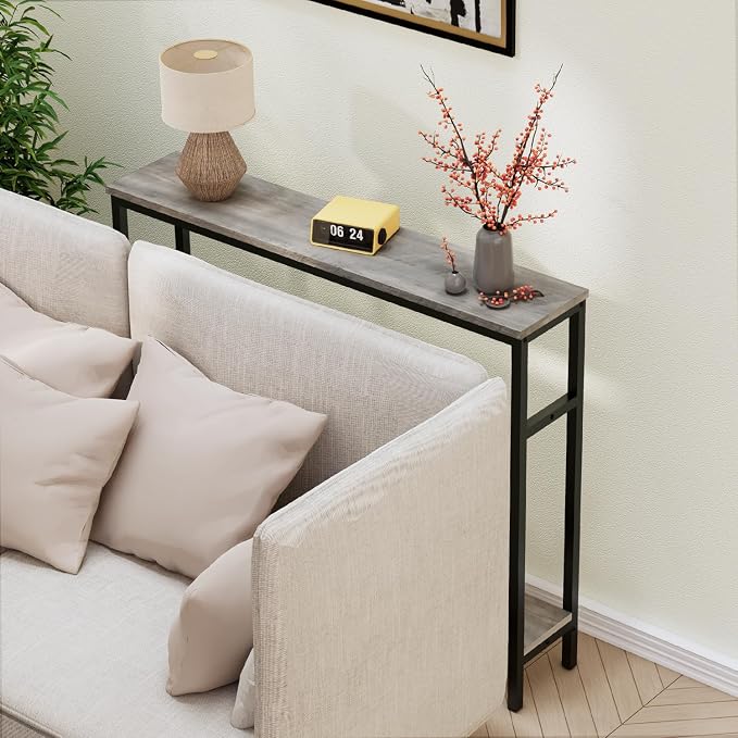 Timberer Narrow Console Table, 39.4” Sofa Table with Adjustable Shelf, 2-Tier Long Skinny Table for Hallway, Entryway, Living Room, Foyer, Grey