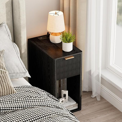 Homleke Narrow End Table with Fluted Drawer and Charging Station, Small Nightstand with USB Ports & Outlets, Bedside Table for Bedroom or Living Room, Modern Accent Table, Black
