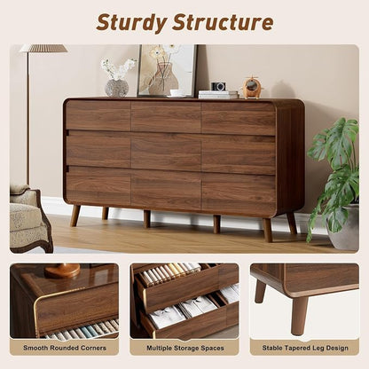 Nasonet Dresser and Nightstand Sets 3 Piece, Mid Century Modern 9 Drawer Dresser and 2 Drawer Night Stand Set 2, Wooden Chest of Drawers Bedroom Furniture Set, Walnut