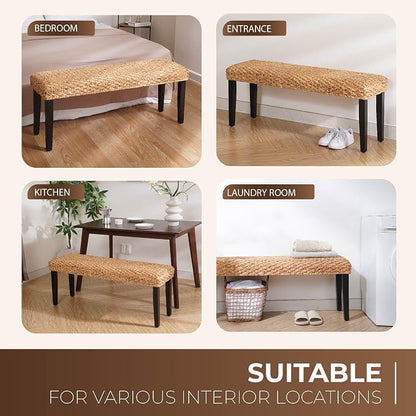 Solid Wood Acacia Indoor Bench with Natural Woven Seat, Boho Bench Entryway, Wood Bench for Living Room, Wooden Bench for Bedroom, Farmhouse Entryway Bench, Dining Benches (Black, Water Hyacinth)