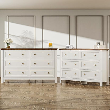 Farmhouse Dresser Nightstand Sets, 2-Piece Bedroom Furniture Set for Home | 6 Drawer Dresser Closet set of 2, Chest of Drawers for Bedroom, Living Room, Entryway, Antique White