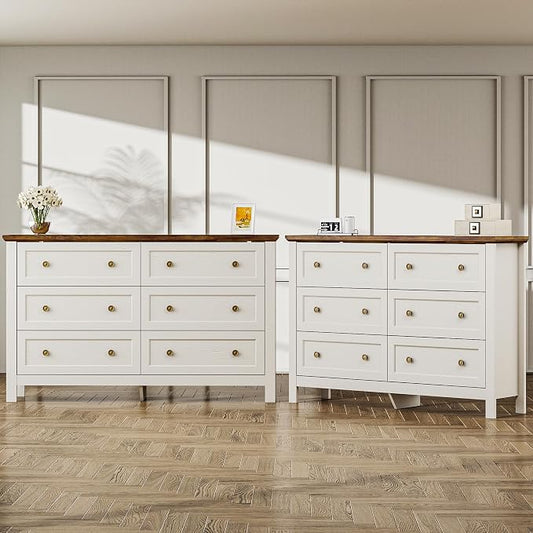 Farmhouse Dresser Nightstand Sets, 2-Piece Bedroom Furniture Set for Home | 6 Drawer Dresser Closet set of 2, Chest of Drawers for Bedroom, Living Room, Entryway, Antique White