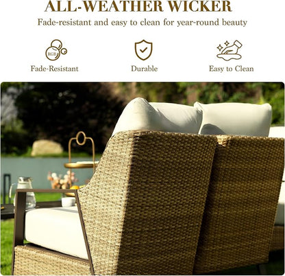 Outdoor Sofa 3 Seat Patio Couch, All-Weather PE Rattan Wicker Loveseat with Washable 4.7" Thick Cushions, Outdoor Furniture for Deck, Porch, Balcony, Backyard, Beige