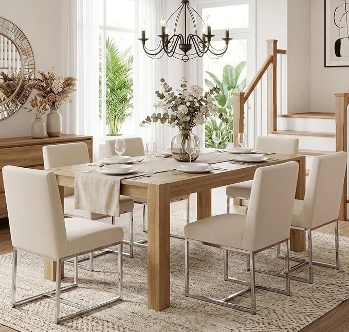 VESCASA Linen Upholstered Dining Chairs Set of 4, Mid Century Modern Padded Chair with Chrome Metal Frame for Restaurant, Dining Room, Kitchen, Cream