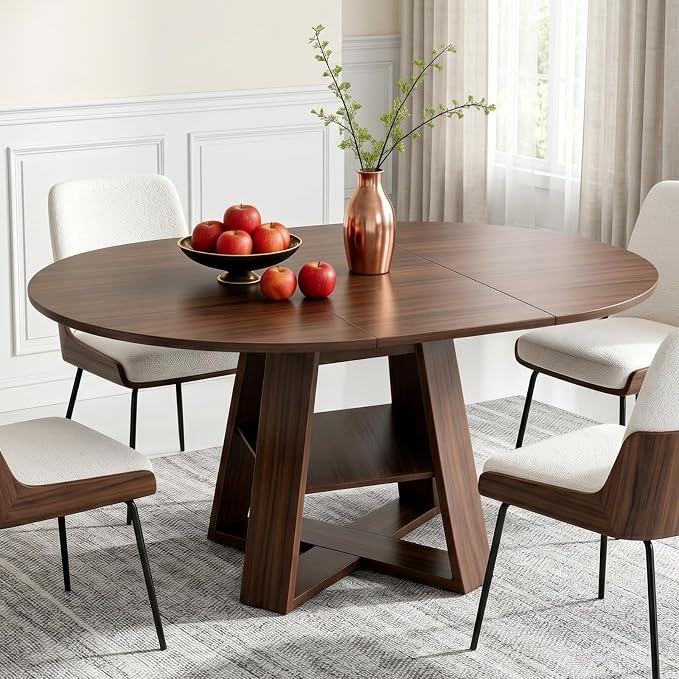 Zevemomo 43"-59" Extendable Dining Room Table for 4-6(Table only), Expandable Round Dining Table, Oval Tabletop with Cross-Shaped Base for Office, Living Room-Dark Brown