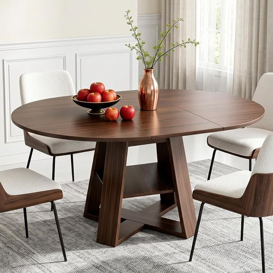 Zevemomo 43"-59" Extendable Dining Room Table for 4-6(Table only), Expandable Round Dining Table, Oval Tabletop with Cross-Shaped Base for Office, Living Room-Dark Brown