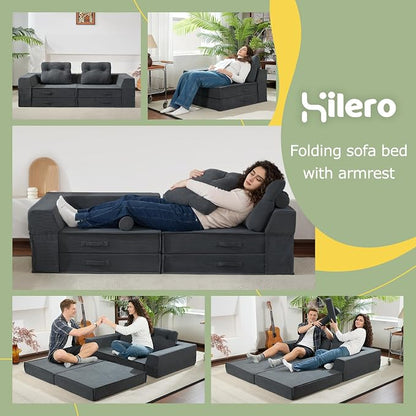 Folding Sofa Bed, 4 in 1 Convertible Sleeper Chair with Pillow, Loveseat Memory Foam Fold Out Chair Bed, Modern Floor Futon Sofa Couch Mattress for Living Room/Guest/Apartment, Black Grey | Compressed sofa