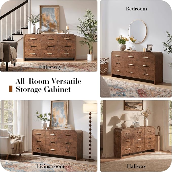 Curved 9 Drawer Dresser for Bedroom, 63'' Wide Chest of Drawers, Farmhouse Storage Cabinet for Hallway & Living Room TV Stand, FSC Certified 1.18" Thick Board, 100 lbs Top Weight, Dark Burl
