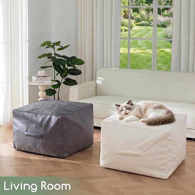HIGOGOGO Square Stuffed Pouf Ottoman, Pu Leather Poufs with Foam Chunk Filling, Furry and Fluffy Pouf Foot Stool Storage Ottoman,26x18 Inches Floor Poufs Foot Rest for Living Room, Beige