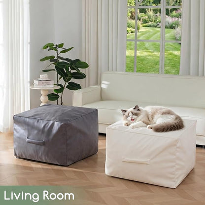 HIGOGOGO Square Stuffed Pouf Ottoman, Pu Leather Poufs with Foam Chunk Filling, Furry and Fluffy Pouf Foot Stool Storage Ottoman,20 X 14 Inches Floor Poufs Foot Rest for Living Room, Beige