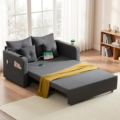Busaurus 3 in 1 Convertible Sofa Bed, 56" Full Size Pull Out Couch, Loveseat Sleeper with Storage Pocket, USB, Comfy Sleeper Sofa Bed for Living Room, Bedroom, Small Space, Deep Grey