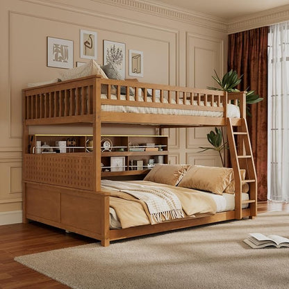 Full XL Over Queen Bunk Bed, Wood Bunk Bed with Integrated Shelving, Color-Changing Lights and Pegboard for Kids Teens Adults, Brown