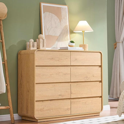 Standifurno Natural Dresser with 8 Drawers, FarmhouseDresser for Bedroom, Rustic Wood Chest of Drawers,Storage Closet, Chest of Drawers Handleless Design,Living Room, Curved Dresser Design 47" Wide