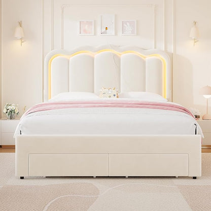 Queen Upholstered LED Bed Frame with 2 Storage Drawers and Adjustable Chic Double Wavy Headboard, Velvet Princess Platform Bed with Charing Station, Solid Wood Slats Support,No Box Spring Needed,Beige