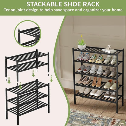 ROMGUAR CRAFT 2 Tier Bamboo Shoe Rack for Closet Free Standing Wood Shoe Shelf for Entryway Small Space Stackable 27"x11"x13" (Black)