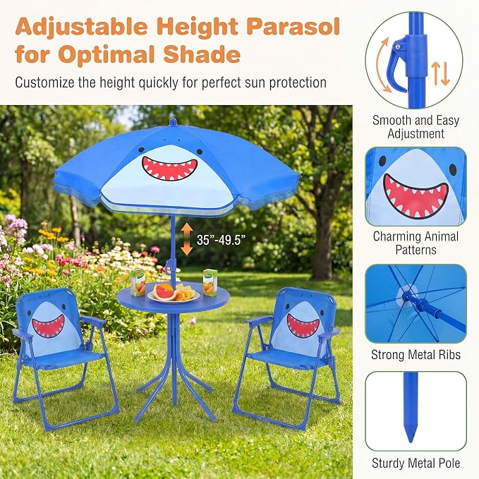 HONEY JOY Kids Picnic Table, Animal Themed Toddler Outdoor Table and Chair Set, 2 Folding Chairs & Removable Umbrella, Children Outdoor Furniture for Backyard Patio Garden (Navy Shark)