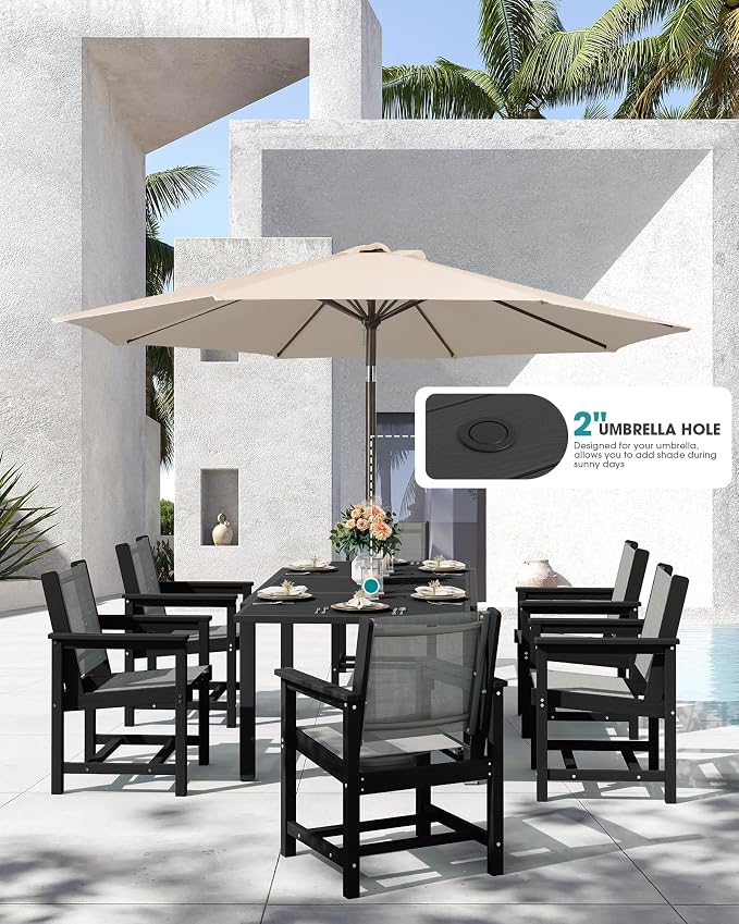 SERWALL HDPE Outdoor Dining Set for 8 with Textilene Chairs, Black | 60" - 83" Aluminum Expandable Patio Dining Table and Breathable Textilene Chairs, All Weather HDPE Patio Furniture Set