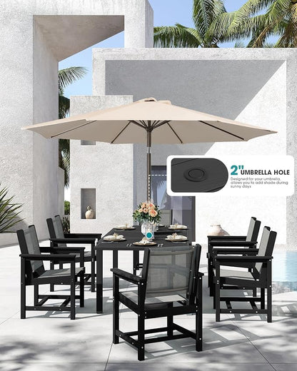 SERWALL HDPE Outdoor Dining Set for 8 with Textilene Chairs, Black | 60" - 83" Aluminum Expandable Patio Dining Table and Breathable Textilene Chairs, All Weather HDPE Patio Furniture Set