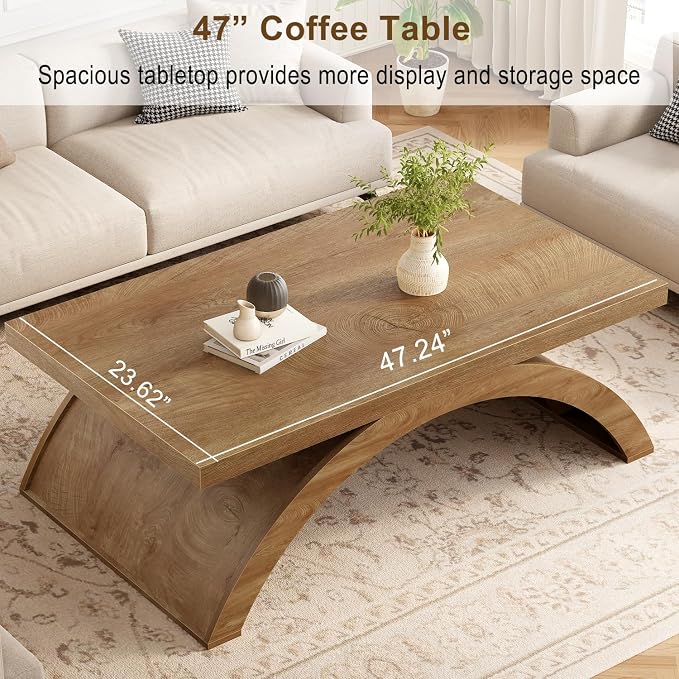 HSH 47" Modern Rectangle Wood Coffee Table for Living Room, Arched Base | Large Rectangular Center Table, Low Table with Sculptural Arched Base, Annual Ring Wood Grain, 200 lb Capacity, Easy Assembly