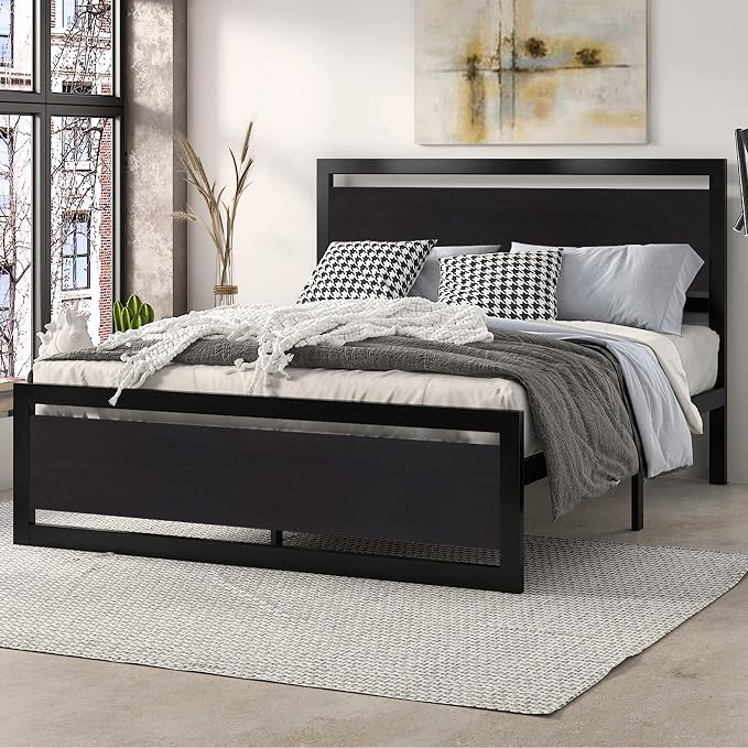 SHA CERLIN Heavy Duty Queen Size Bed Frame with Modern Headboard，Black | Platform Metal Base with Square Footboard and 13 Strong Slats Support, No Box Spring Needed