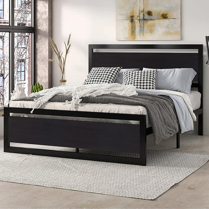 SHA CERLIN Heavy Duty Queen Size Bed Frame with Modern Headboard，Black | Platform Metal Base with Square Footboard and 13 Strong Slats Support, No Box Spring Needed