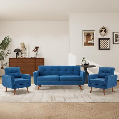 Tbfit Linen Fabric Single Sofa, Accent Chair, Mid Century Modern Armchair for Living Room, Bedroom Button Tufted Upholstered Comfy Reading Sofas, Blue
