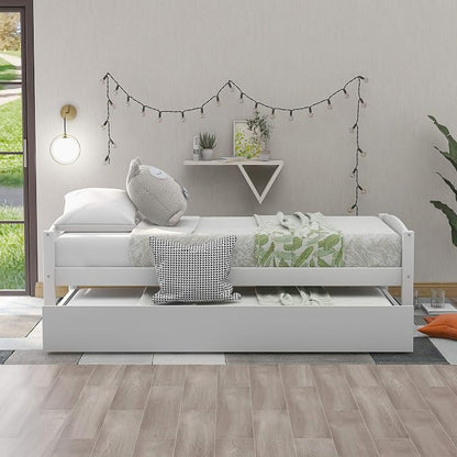 Merax Multifunctional Wood Daybed with Trundle Sofa Day Bed with Headboard/Space Saving/No Box Spring Needed White