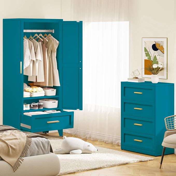 Baborokic Metal Wardrobe Cabinet,71 Armoire Wardrobe Closet with Drawers and Hanging Rod,Metal Armoire with Adjustable Shelves for Closet,Bedroom,Farmhouse Storage Cabinet with Drawer(Blue)