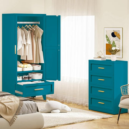 Baborokic Metal Wardrobe Cabinet,71 Armoire Wardrobe Closet with Drawers and Hanging Rod,Metal Armoire with Adjustable Shelves for Closet,Bedroom,Farmhouse Storage Cabinet with Drawer(Blue)