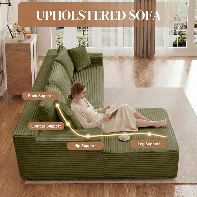 95" L Shaped Cloud Boneless Sectional Couches for Living Room, Modern Comfy Modular Deep Seat Memory Foam Compressed Corduroy Sofa Oversized Left Facing Chaise, No Assembly Required, Green