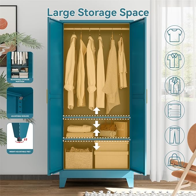 Metal Wardrobe Closet with Doors and Shelves, 71" Farmhouse Bedroom Armoire with Hanger Rod and Clothing Shelf, White Steel Wardrobe Cabinet Storage Clothes Closet
