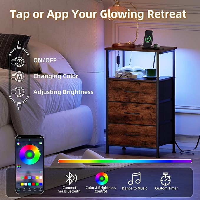 Somdot Nightstands Set of 2,Bedside Tables with Charging Station and LED Lights,Night Stand with 3 Drawers, End Tables with Open Shelf for Small Spaces Bedroom Entryway Hallway, Wood Grain Print