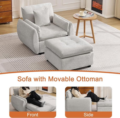 30" Modular Cloud Accent Chair with Ottoman, Deep Seat Tufted Chenille Sofa Chair with Curved Arms, Upholstered Reading Chairs for Living Room, Bedroom, Light Grey