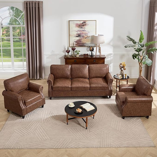 Kingfun 3 Seater Sofa, Mid-Century Modern Faux Leather Couch Set for Living Room, Darkbrown with Rolled Arms & Nailhead Trim, Easy Assembly