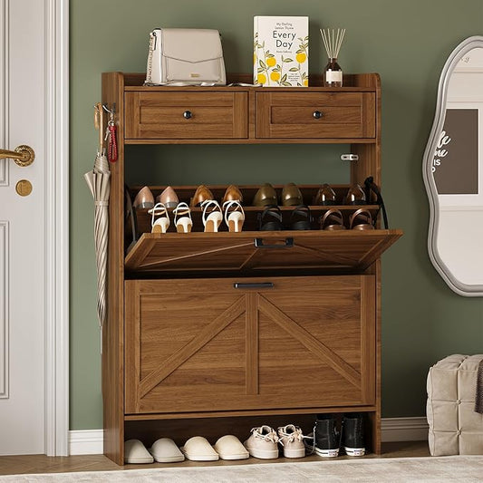 BORNOON Shoe Storage Cabinet for Entryway, Farmhouse Narrow Shoe Cabinet with 2 Flip Drawers & Top Drawers, Adjustable Shelves & Hooks, Freestanding Hidden Rack Organizer for Hallway, Foyer