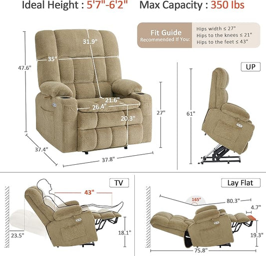 MCombo Oversized Power Lift Recliner Chair for Elderly, Dual Motor Lift Chair with Heat and Massage, Lay Flat Lift Chair for Big and Tall, Cup Holders, Fabric R7891 (Large-Wide, Beige)
