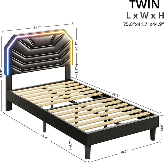LIKIMIO Twin Bed Frames with LED Light Headboard, Upholstered Modern Cama Twin Platform Bed Frame with Heavy Duty Supports, No Box Spring Need, Noise Free, Easy Assembly, Black