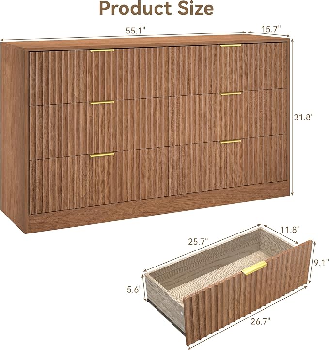 6 Drawer Dresser for Bedroom, 55" Wide Fluted Chest of Drawers with Gold Metal Handles, Wood Dresser Storage Organizer Mid Century TV Stand for Living Room Closet Hallway Light Walnut
