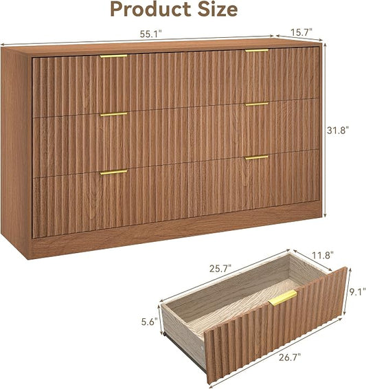 6 Drawer Dresser for Bedroom, 55" Wide Fluted Chest of Drawers with Gold Metal Handles, Wood Dresser Storage Organizer Mid Century TV Stand for Living Room Closet Hallway Light Walnut