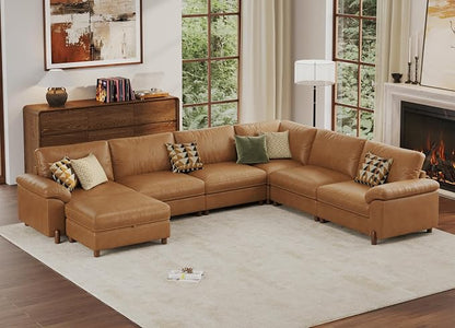 SITJOY Large Cloud Couch, 138" Wide 6 Seater U Shape, Faux Leather in Brown | Pet-Friendly Scratch-Resistant Leather Sectional Sofas for Living Room, Deep Seat Wide Couch with Chaise, Storage Ottoman