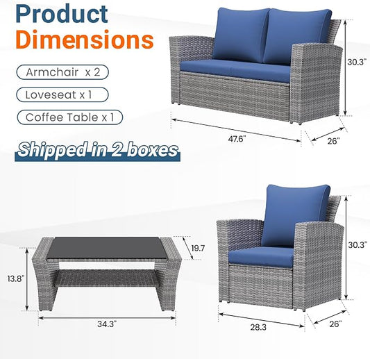 Wisteria Lane Patio Furniture Set, Wicker Outside Outdoor Furniture for All Weather, Patio Sofa with High Backrest Support and Wide Armrest for Backyard, Balcony, Deck, Porch, Dark Blue