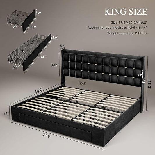 YITAHOME King Size Bed Frame with 3 Storage Drawers and RGB LED Lights, Velvet Upholstered Bed with Charging Station and Storage Headboard, No Box Spring Needed, Easy Assembly, Noise-Free, Black